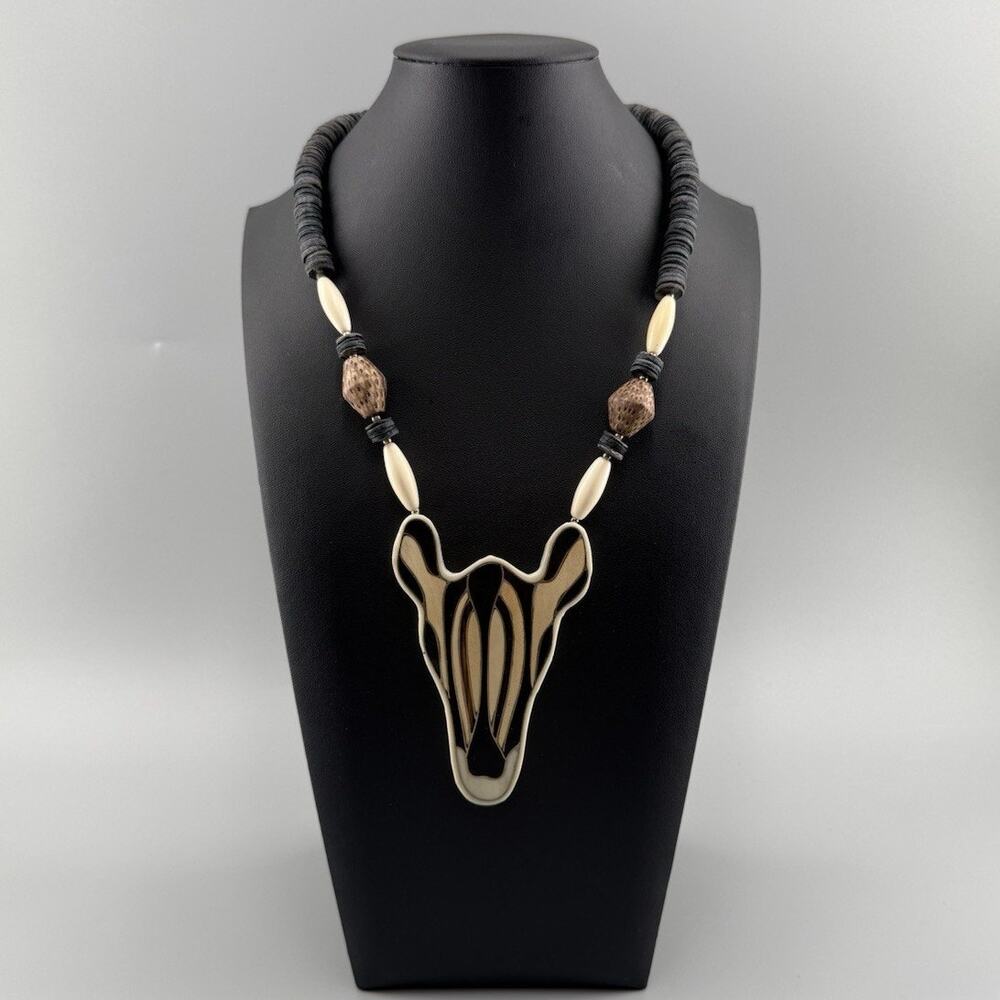 Vintage Lee Sands Zebra Gold Tone Beaded Pendant Necklace African Safari Jewelry